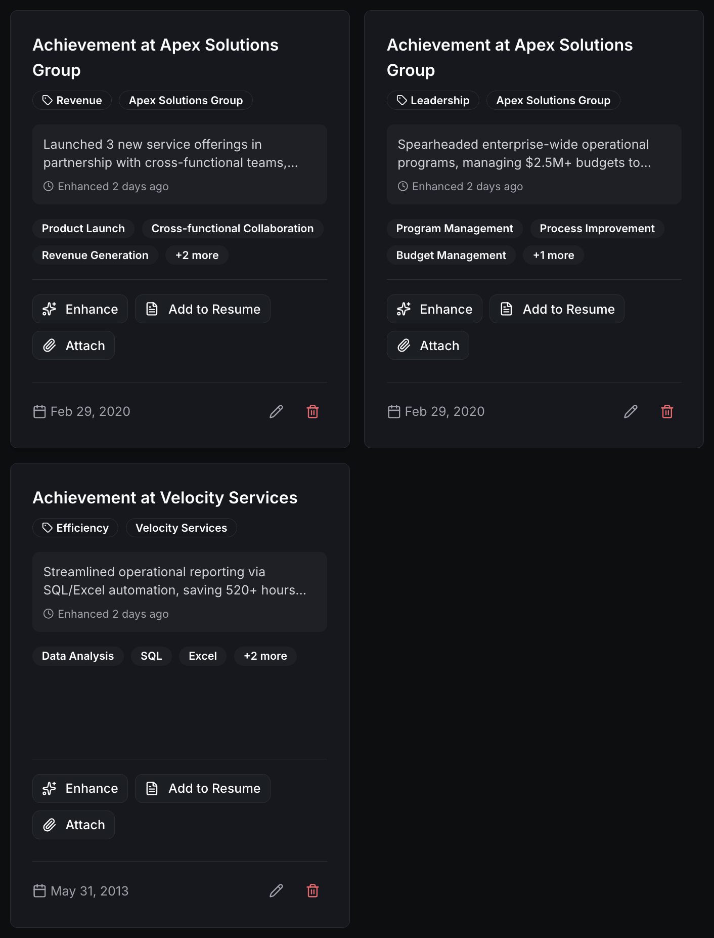 Achievement Tracker & Vault feature showing professional wins organized with metrics, files, and context for career asset management