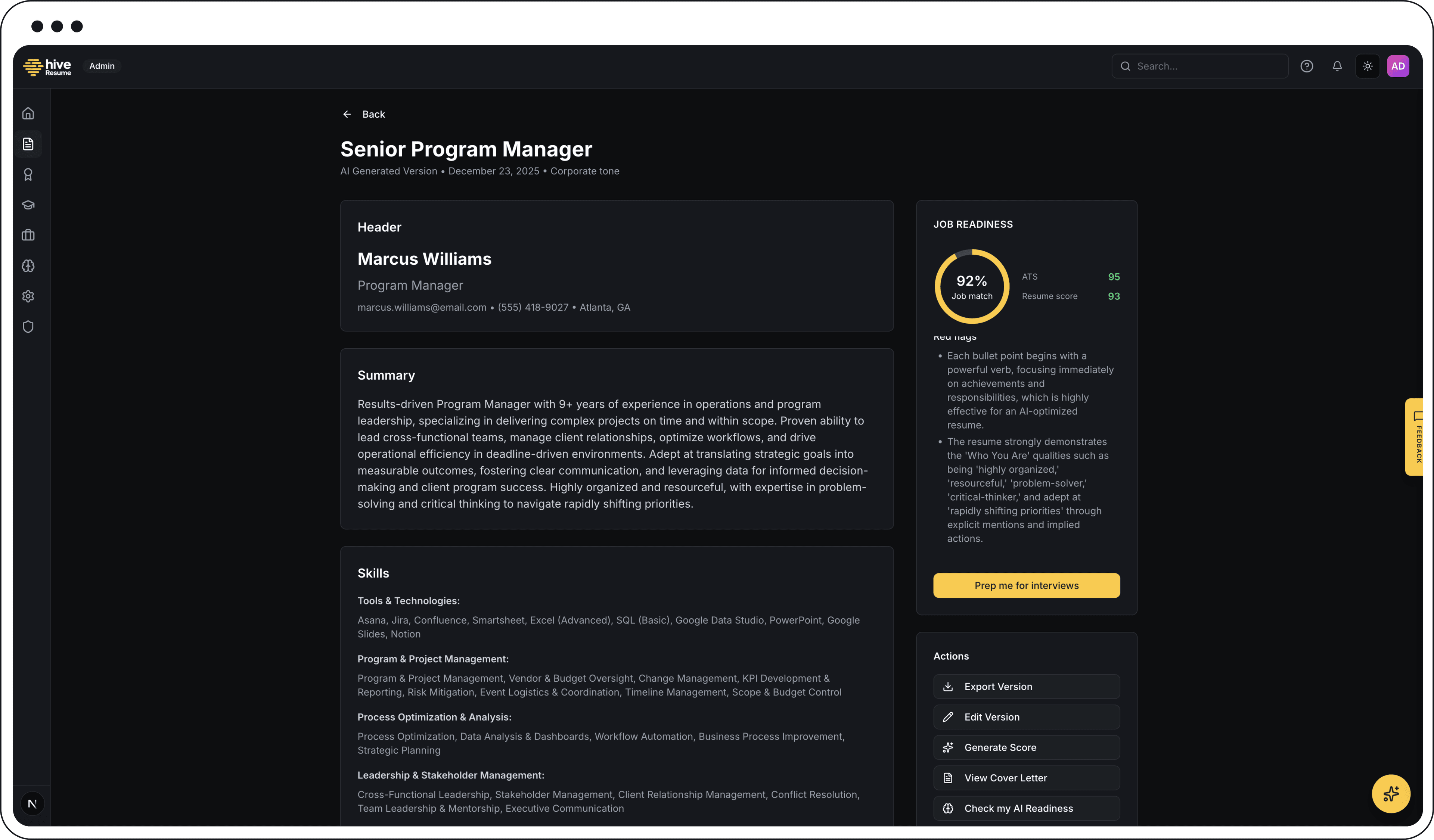HiveResume Dashboard showing AI-powered resume creation, achievement tracking, and career management features for professionals